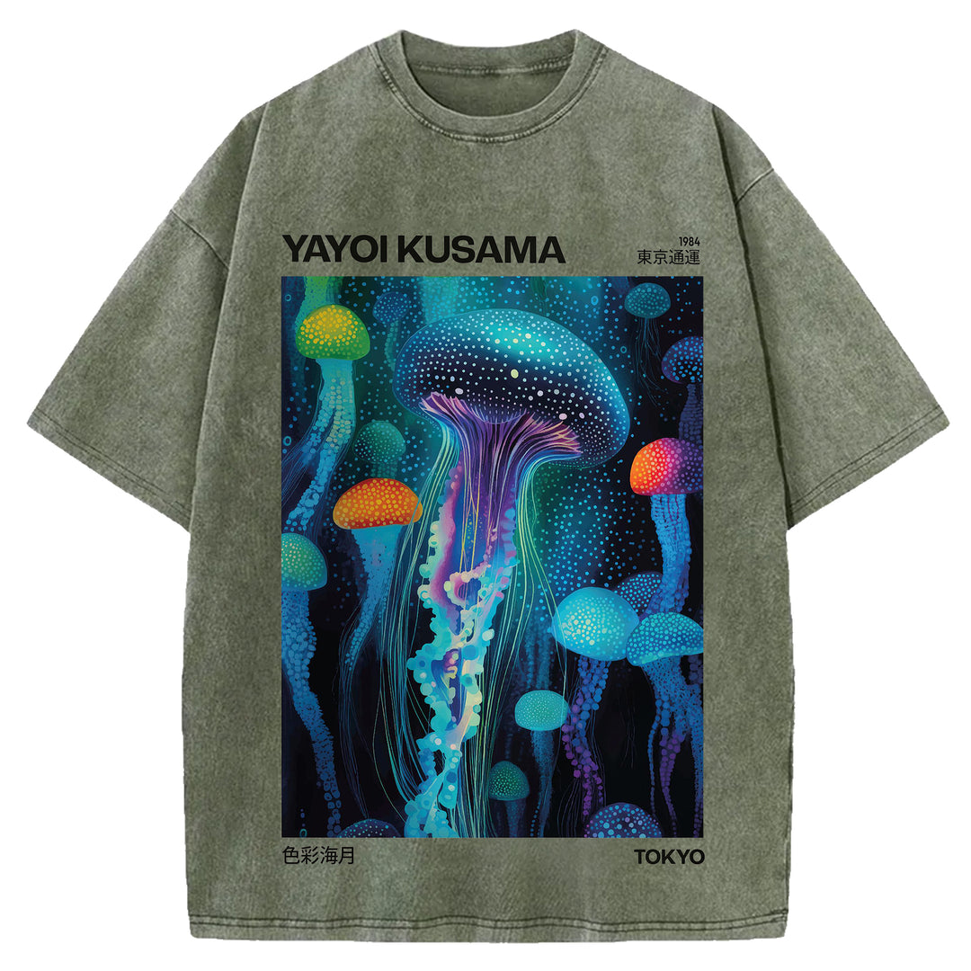 Yayoi Kusama Jellyfish Vintage Design Washed Crew Neck T-Shirt