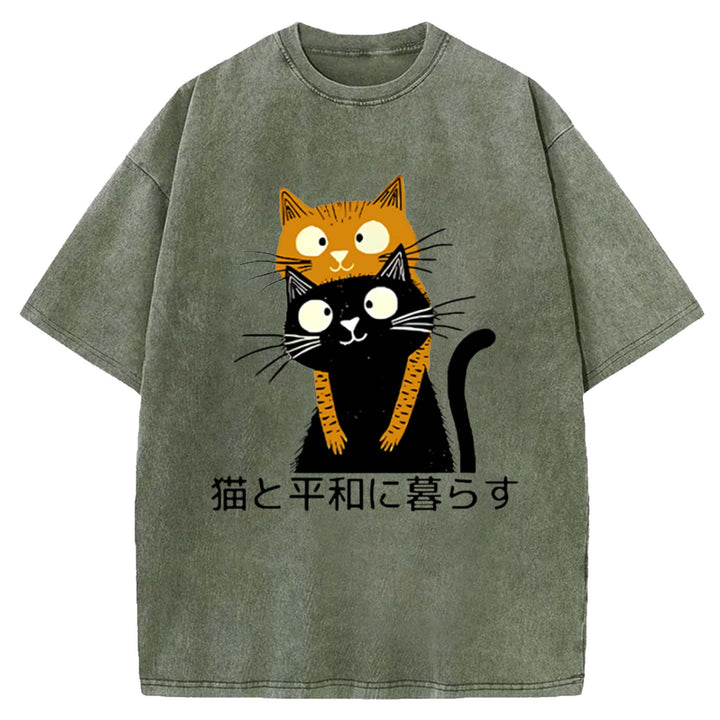 Peaceful Coexistence with Cats Washed Crew Neck T-Shirt