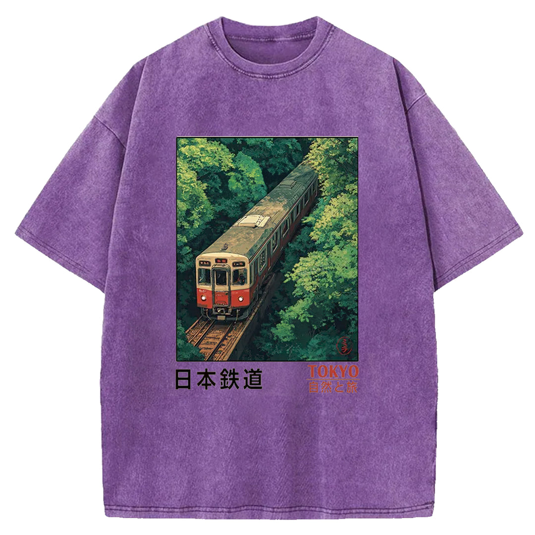 Japan Trains In The Natural Journey Washed Crew Neck T-Shirt