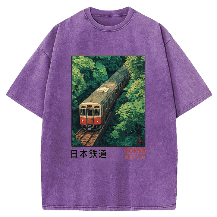 Japan Trains In The Natural Journey Washed Crew Neck T-Shirt