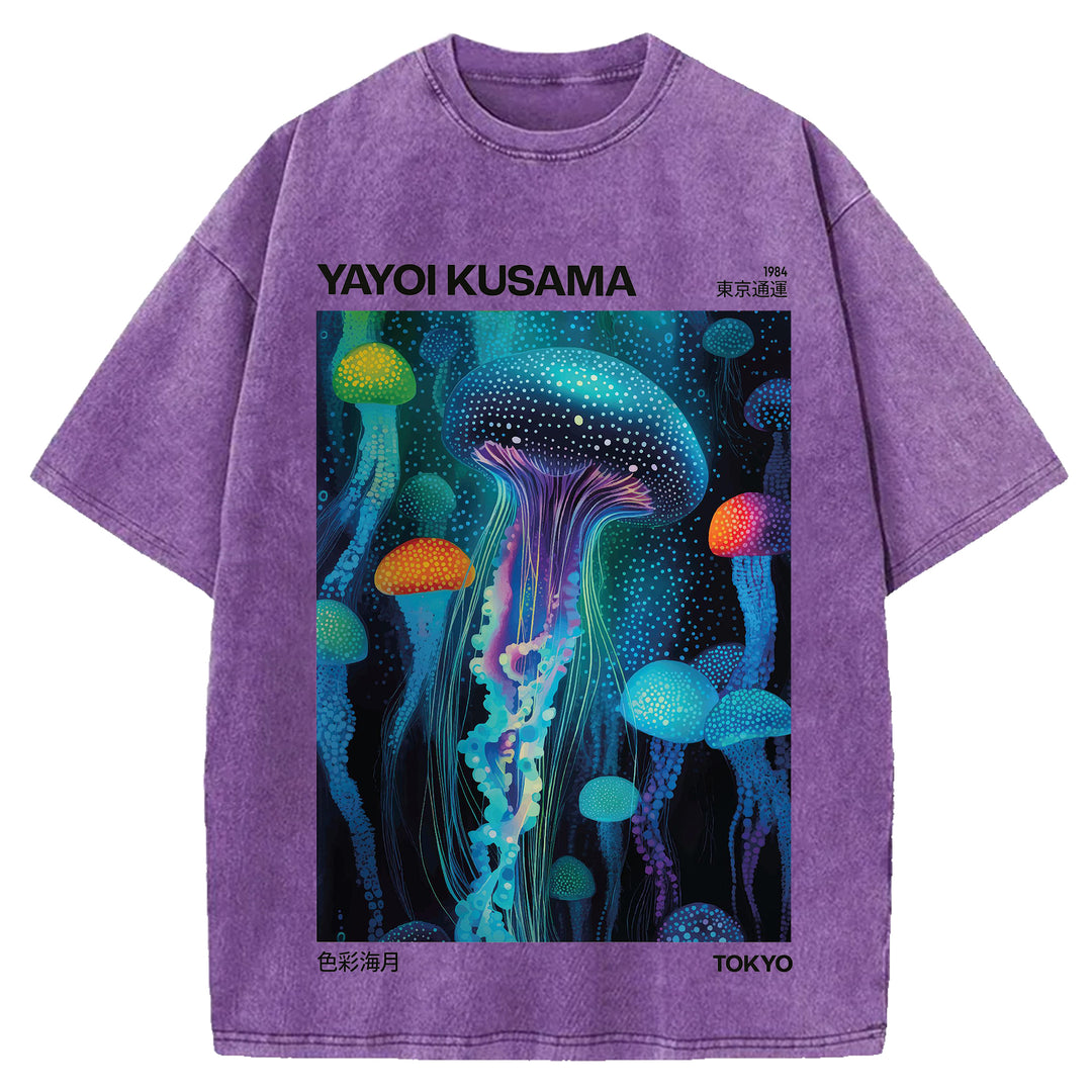 Yayoi Kusama Jellyfish Vintage Design Washed Crew Neck T-Shirt