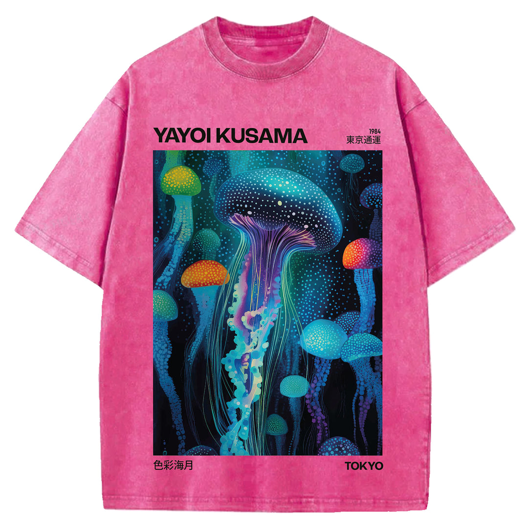 Yayoi Kusama Jellyfish Vintage Design Washed Crew Neck T-Shirt