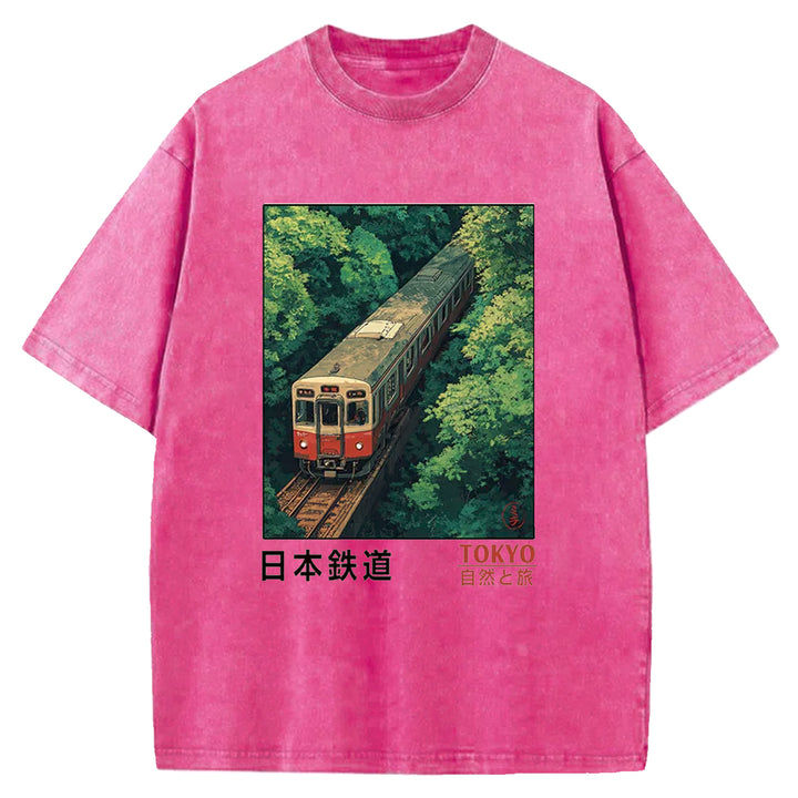 Japan Trains In The Natural Journey Washed Crew Neck T-Shirt