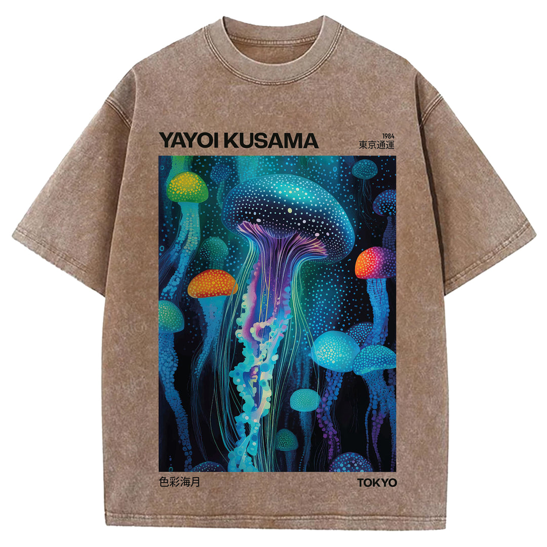 Yayoi Kusama Jellyfish Vintage Design Washed Crew Neck T-Shirt