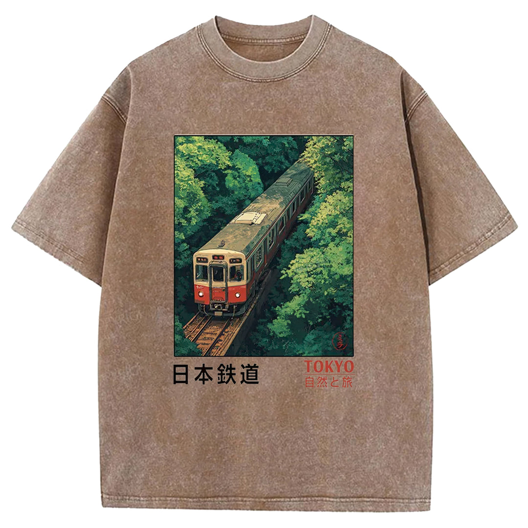 Japan Trains In The Natural Journey Washed Crew Neck T-Shirt