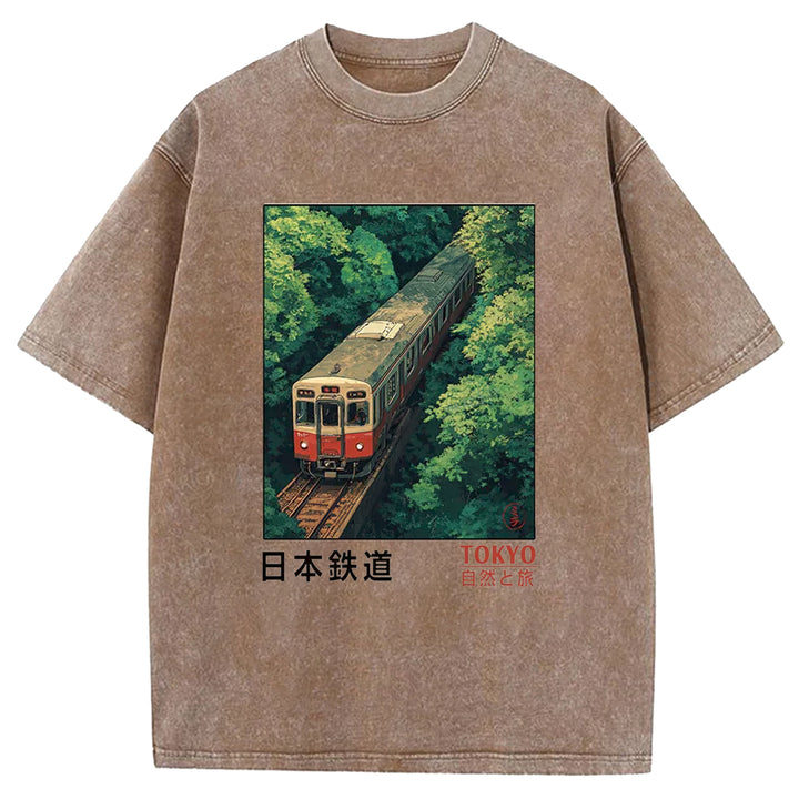 Japan Trains In The Natural Journey Washed Crew Neck T-Shirt