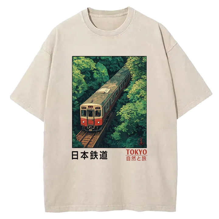 Japan Trains In The Natural Journey Washed Crew Neck T-Shirt