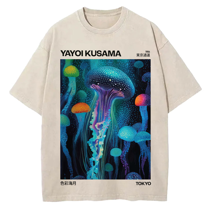 Yayoi Kusama Jellyfish Vintage Design Washed Crew Neck T-Shirt