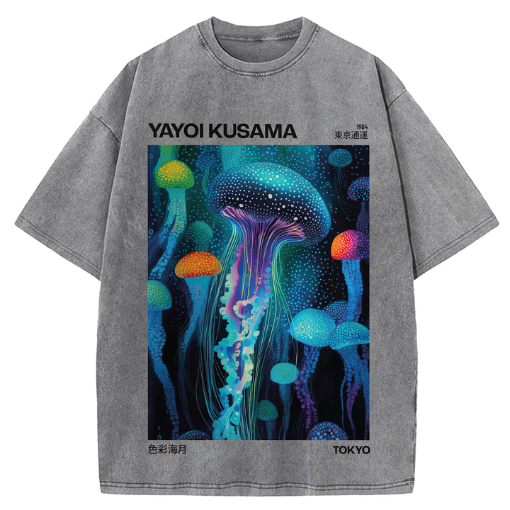 Yayoi Kusama Jellyfish Vintage Design Washed Crew Neck T-Shirt