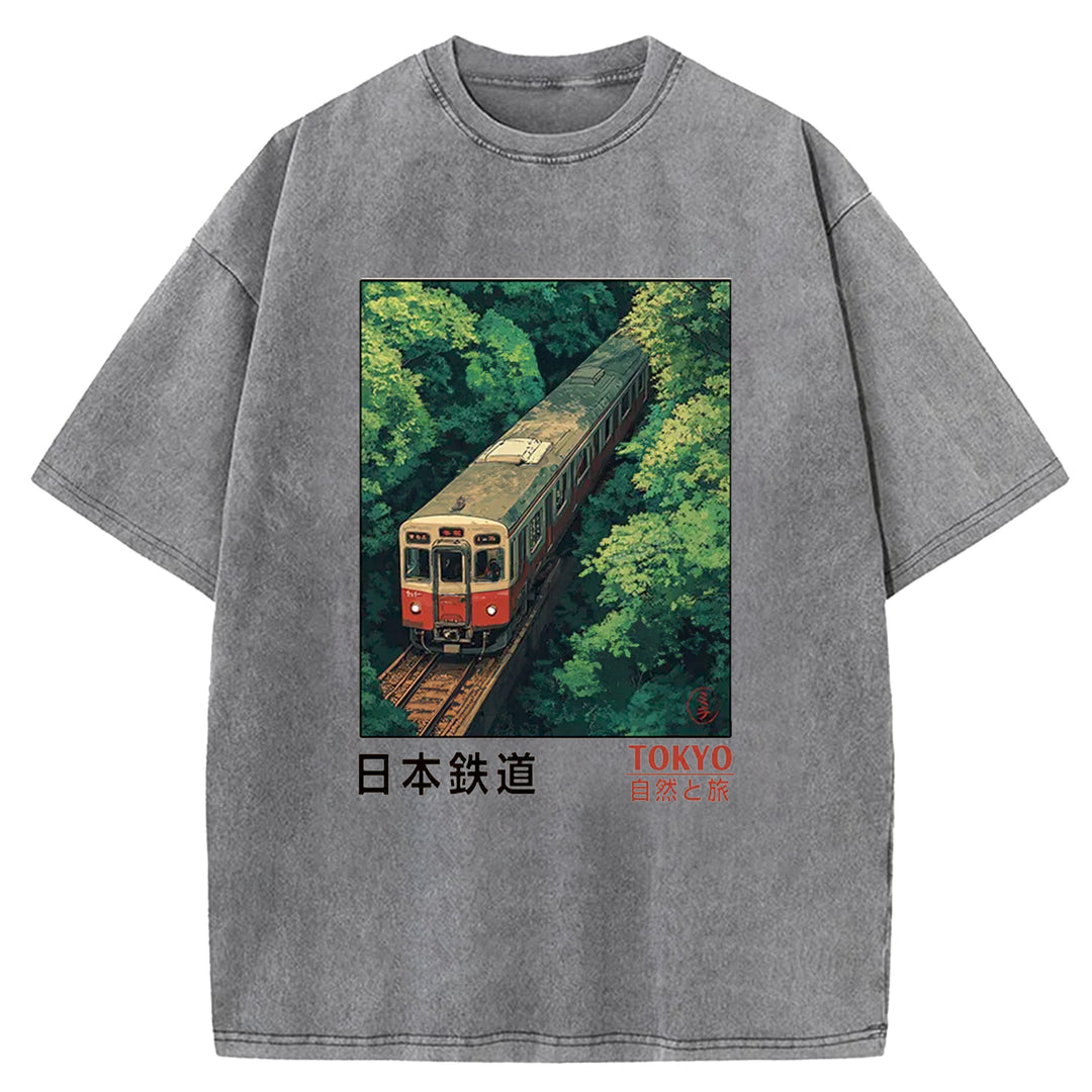 Japan Trains In The Natural Journey Washed Crew Neck T-Shirt