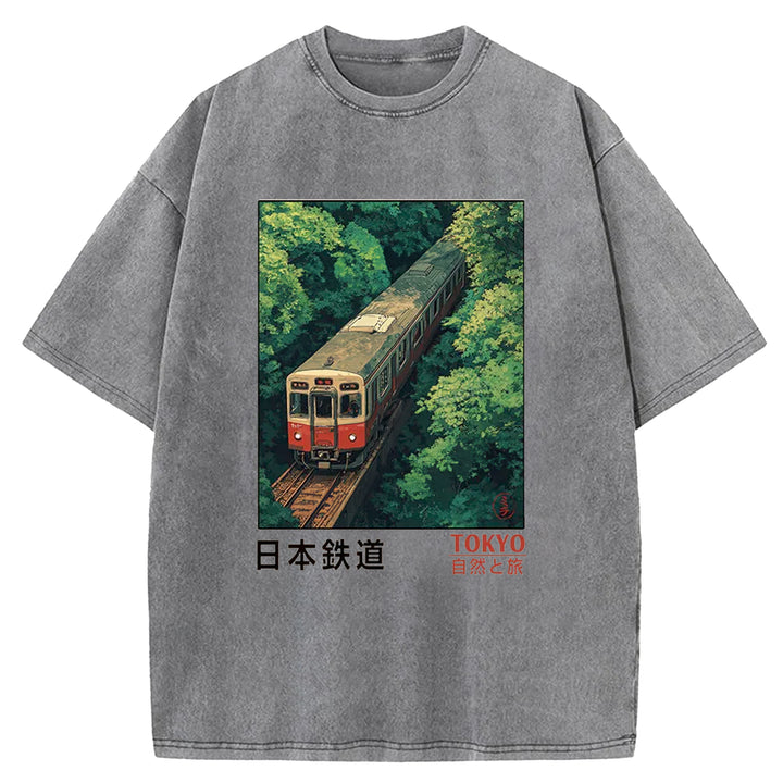 Japan Trains In The Natural Journey Washed Crew Neck T-Shirt