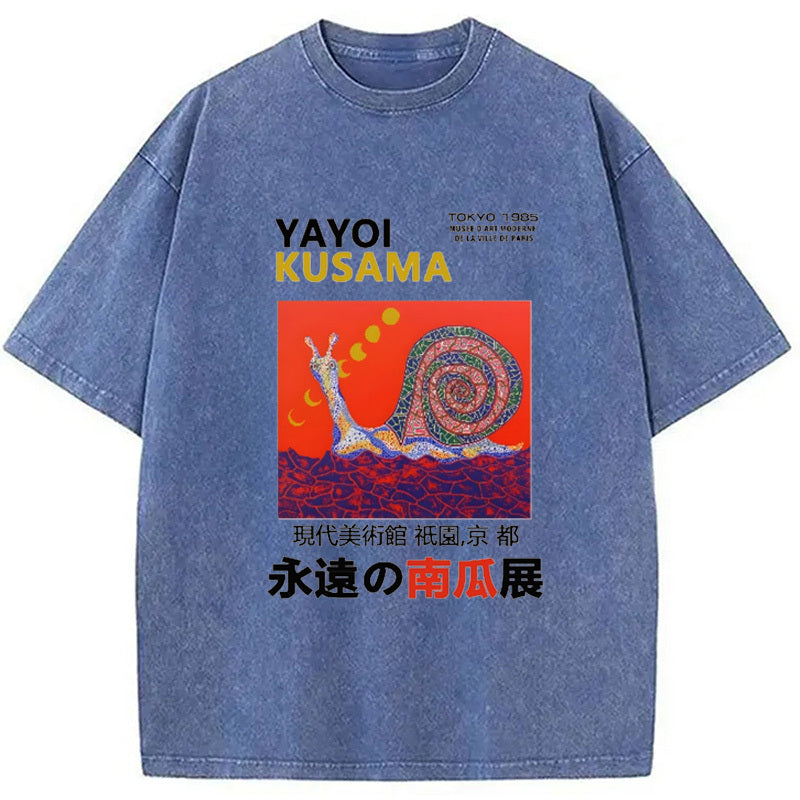 Yayoi Kusama Snail Vintage Design Washed Crew Neck T-Shirt
