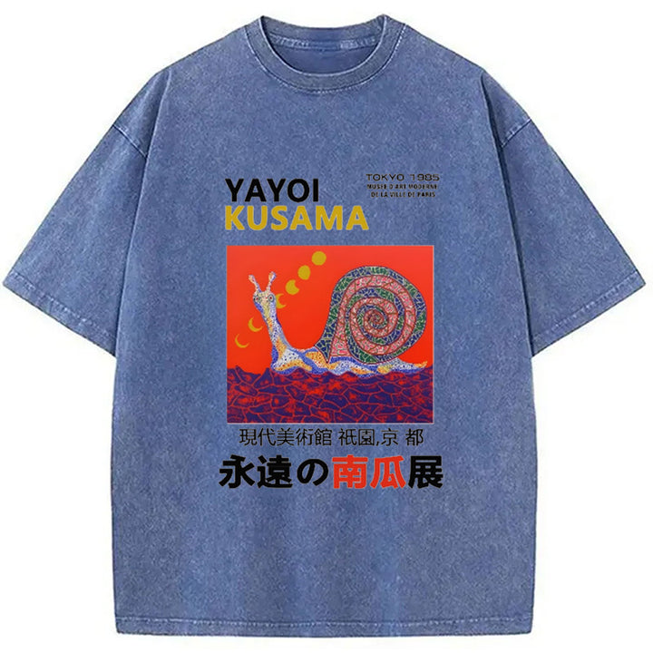 Yayoi Kusama Snail Vintage Design Washed Crew Neck T-Shirt