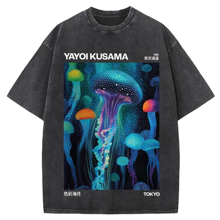 Yayoi Kusama Jellyfish Vintage Design Washed Crew Neck T-Shirt