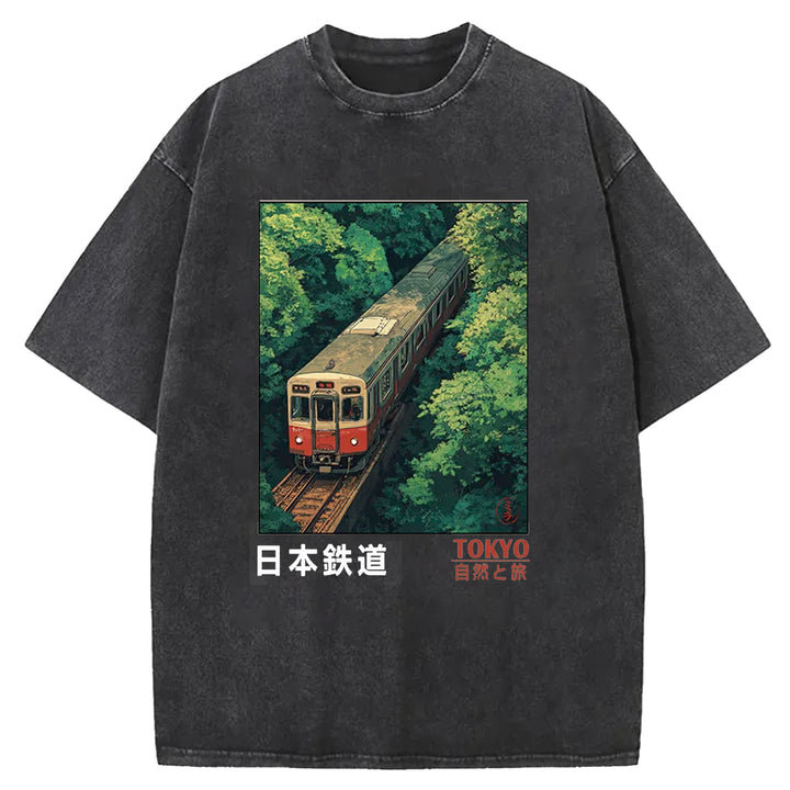 Japan Trains In The Natural Journey Washed Crew Neck T-Shirt