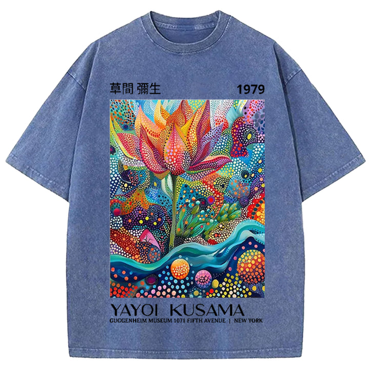 Yayoi Kusama Flower Vintage Design Washed Crew Neck T-Shirt
