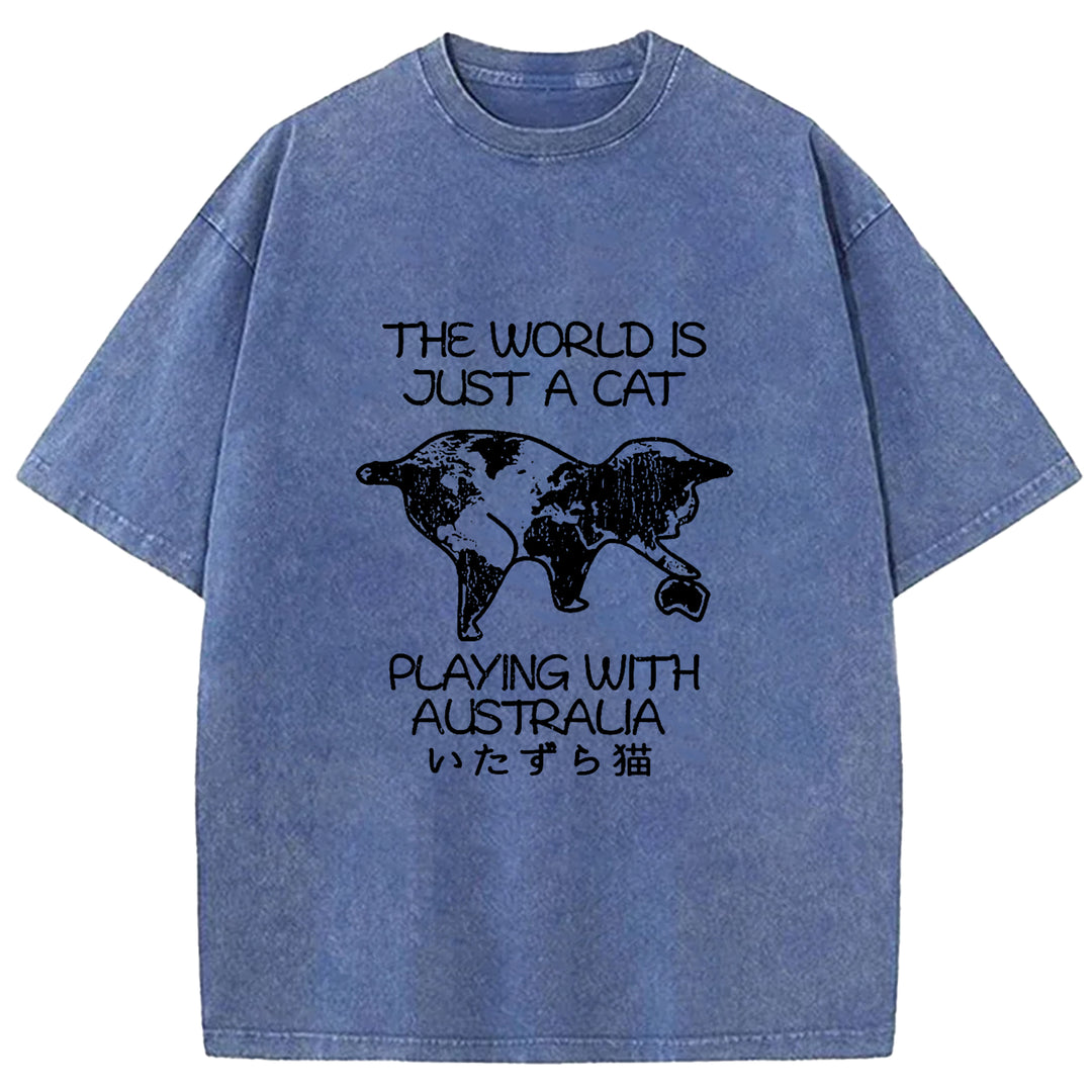 Funny World With Cat Japan Washed Crew Neck T-Shirt
