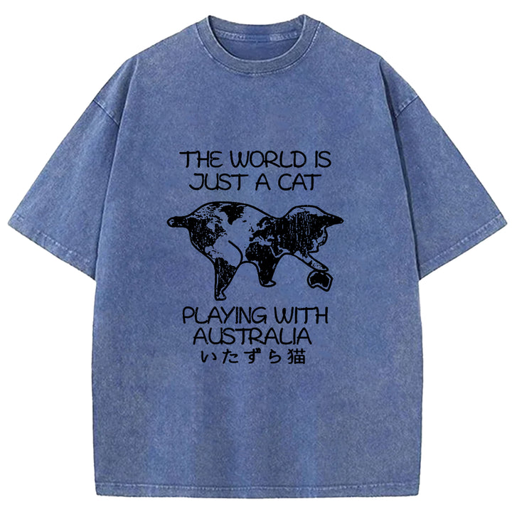 Funny World With Cat Japan Washed Crew Neck T-Shirt