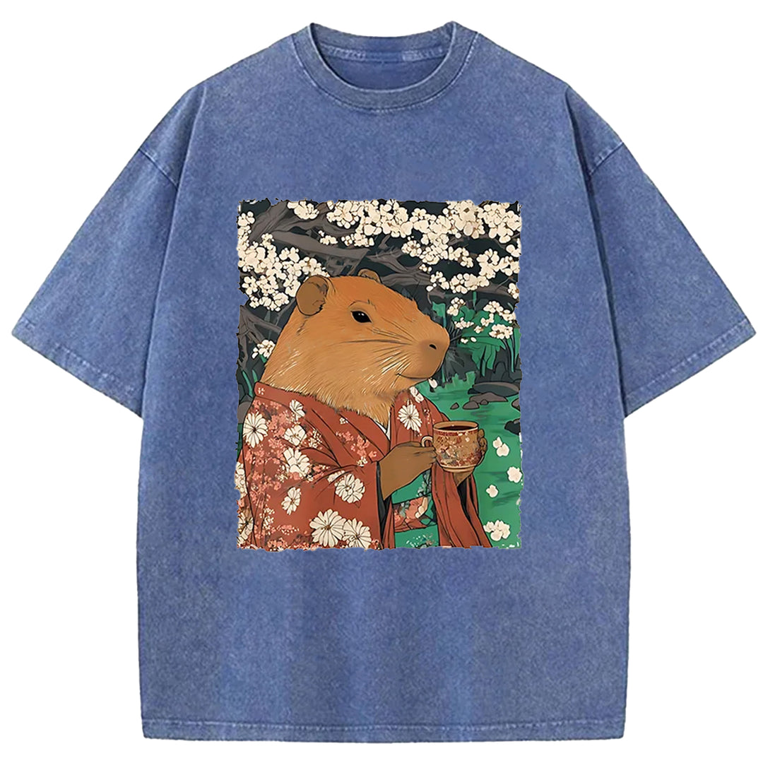 Japanese Capybara Funny Washed Crew Neck T-Shirt