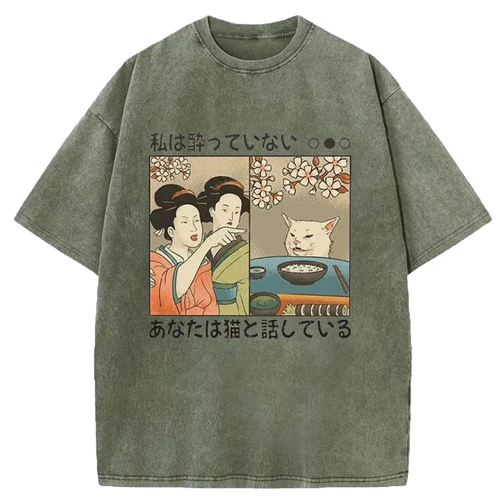 You're Talking To A Cat Washed Crew Neck T-shirt