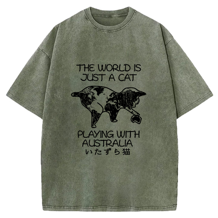 Funny World With Cat Japan Washed Crew Neck T-Shirt