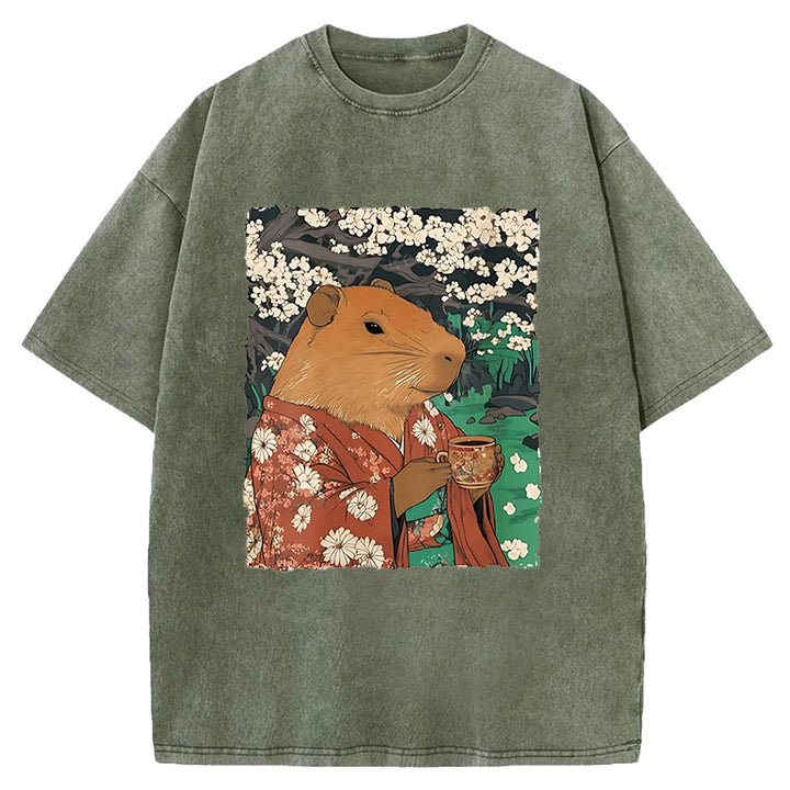 Japanese Capybara Funny Washed Crew Neck T-Shirt