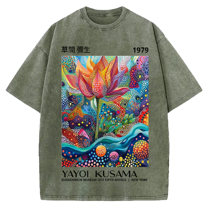 Yayoi Kusama Flower Vintage Design Washed Crew Neck T-Shirt