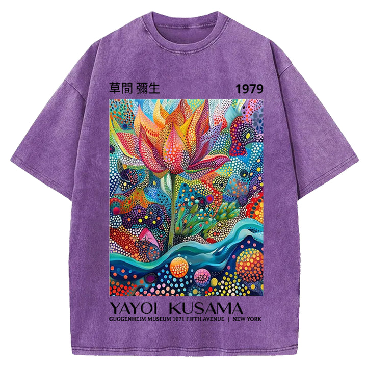 Yayoi Kusama Flower Vintage Design Washed Crew Neck T-Shirt