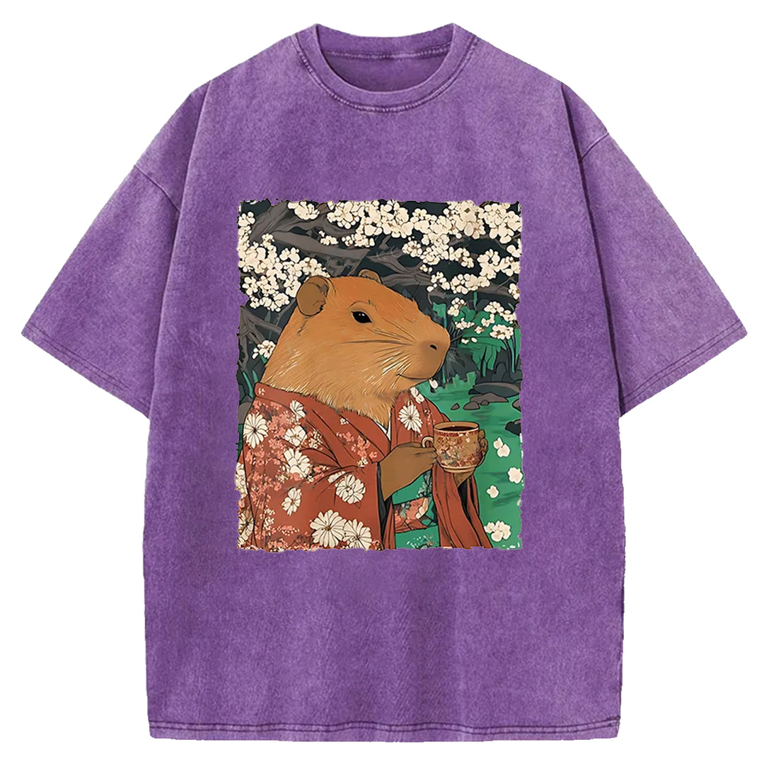 Japanese Capybara Funny Washed Crew Neck T-Shirt
