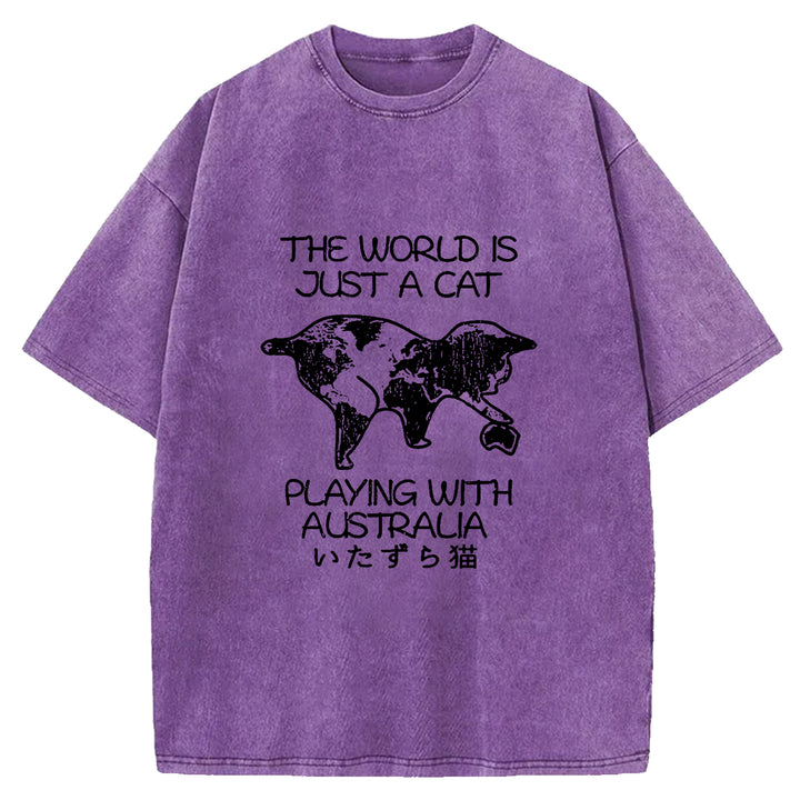 Funny World With Cat Japan Washed Crew Neck T-Shirt