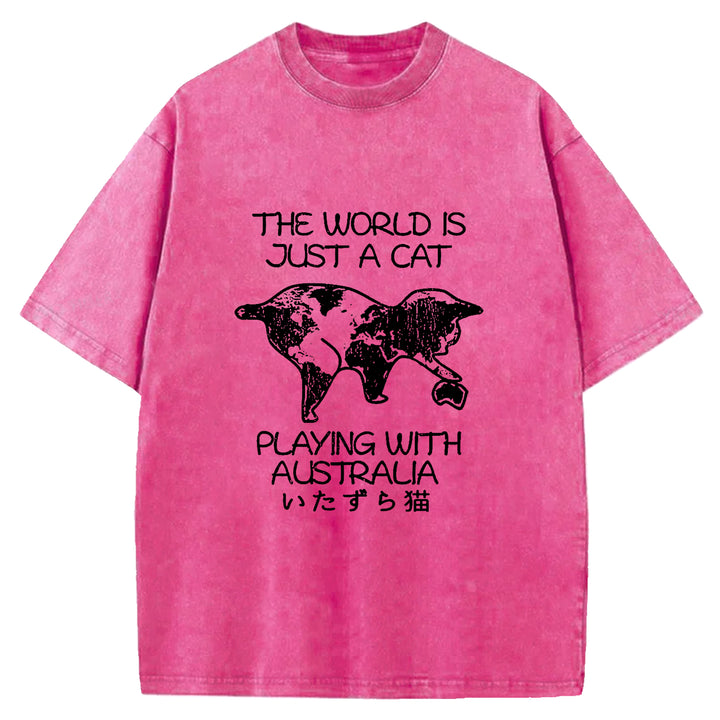 Funny World With Cat Japan Washed Crew Neck T-Shirt