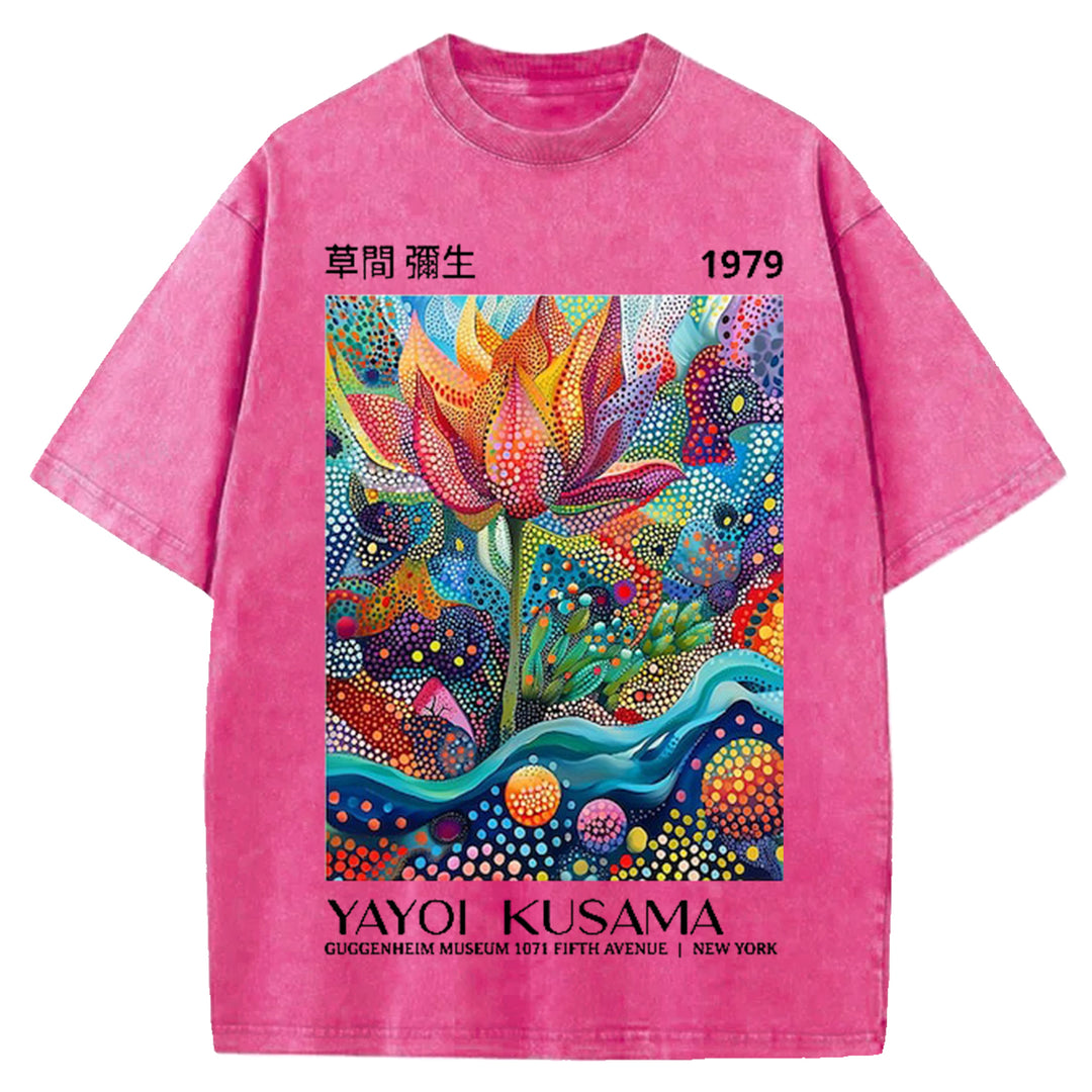 Yayoi Kusama Flower Vintage Design Washed Crew Neck T-Shirt