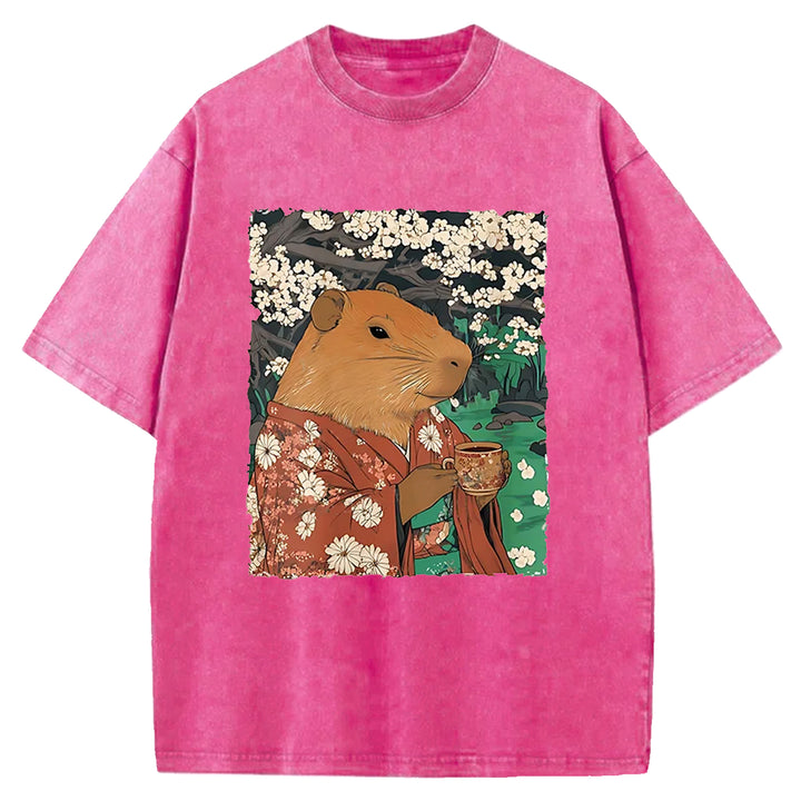 Japanese Capybara Funny Washed Crew Neck T-Shirt