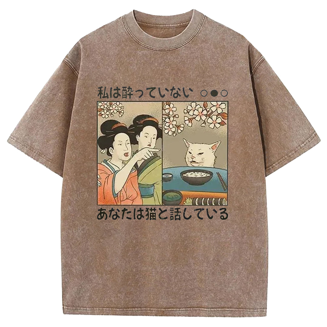 You're Talking To A Cat Washed Crew Neck T-shirt