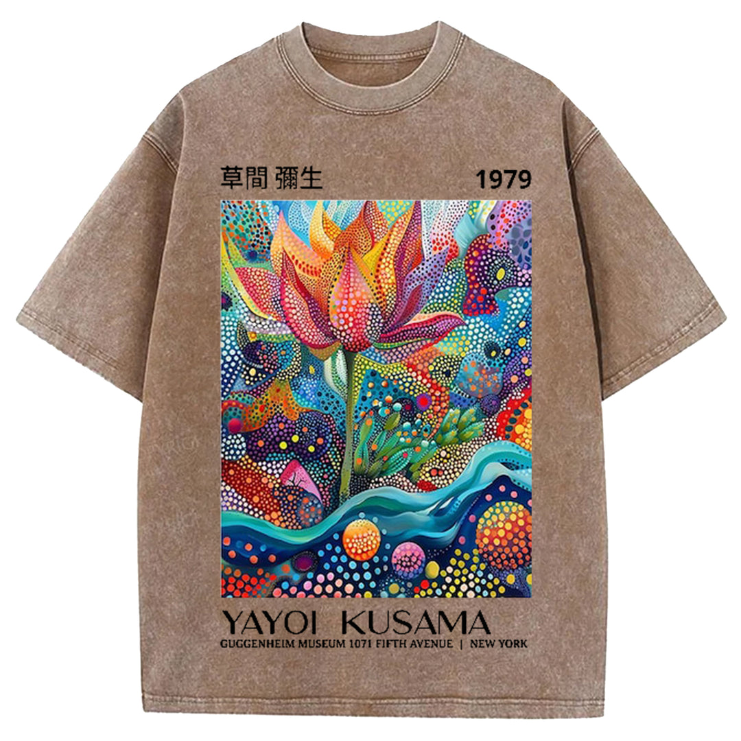 Yayoi Kusama Flower Vintage Design Washed Crew Neck T-Shirt