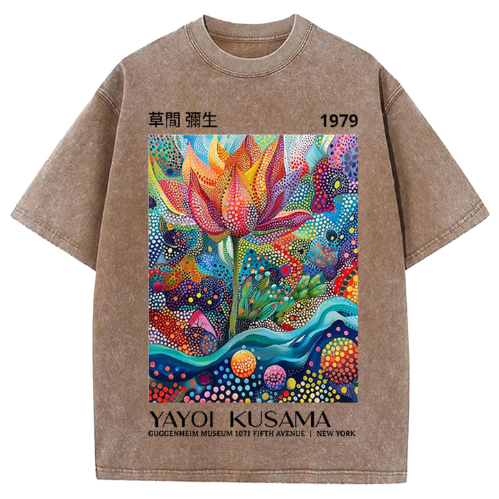 Yayoi Kusama Flower Vintage Design Washed Crew Neck T-Shirt