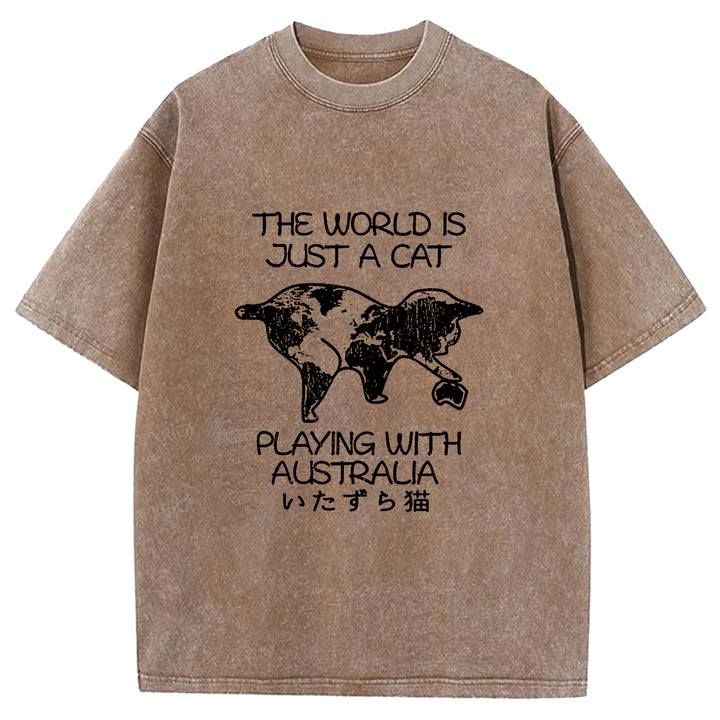 Funny World With Cat Japan Washed Crew Neck T-Shirt
