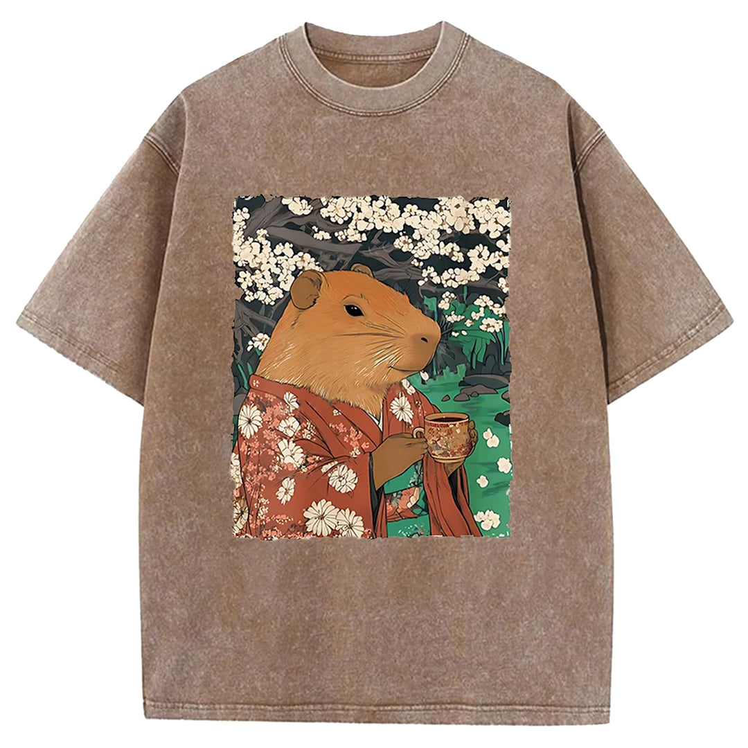 Japanese Capybara Funny Washed Crew Neck T-Shirt