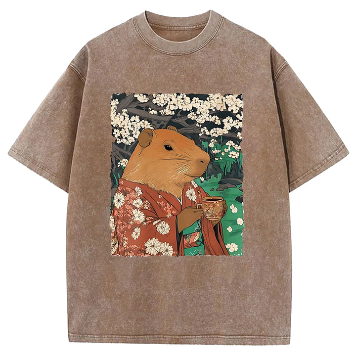 Japanese Capybara Funny Washed Crew Neck T-Shirt