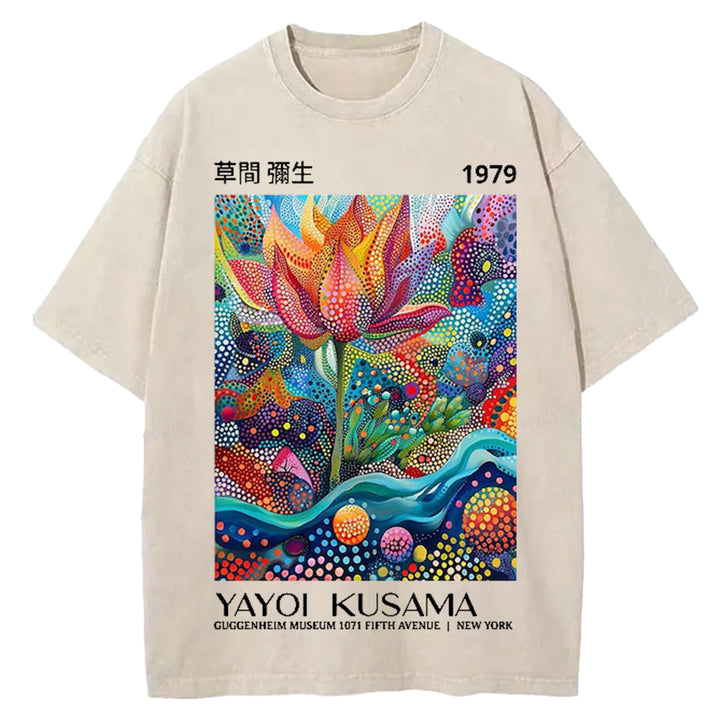 Yayoi Kusama Flower Vintage Design Washed Crew Neck T-Shirt