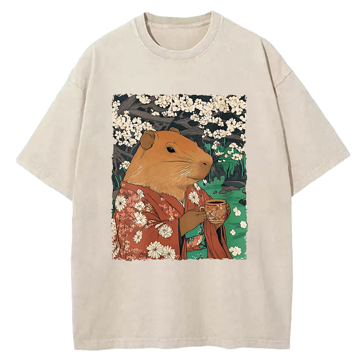 Japanese Capybara Funny Washed Crew Neck T-Shirt