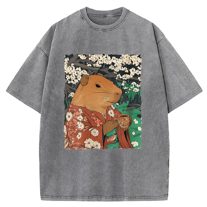 Japanese Capybara Funny Washed Crew Neck T-Shirt