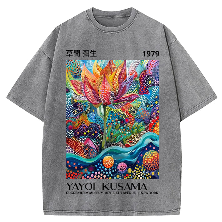 Yayoi Kusama Flower Vintage Design Washed Crew Neck T-Shirt
