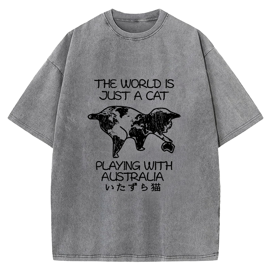 Funny World With Cat Japan Washed Crew Neck T-Shirt