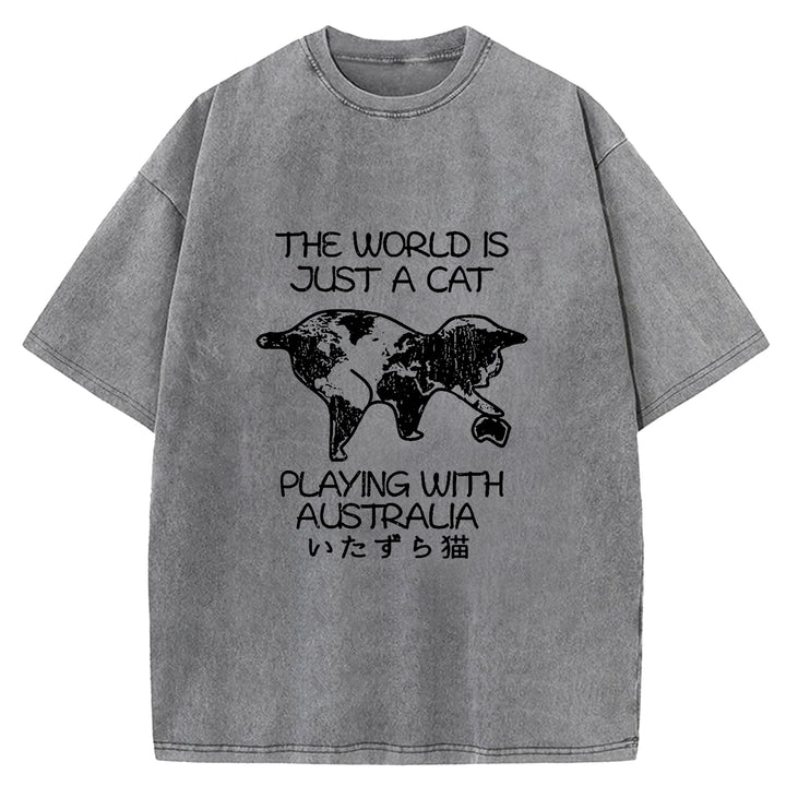 Funny World With Cat Japan Washed Crew Neck T-Shirt