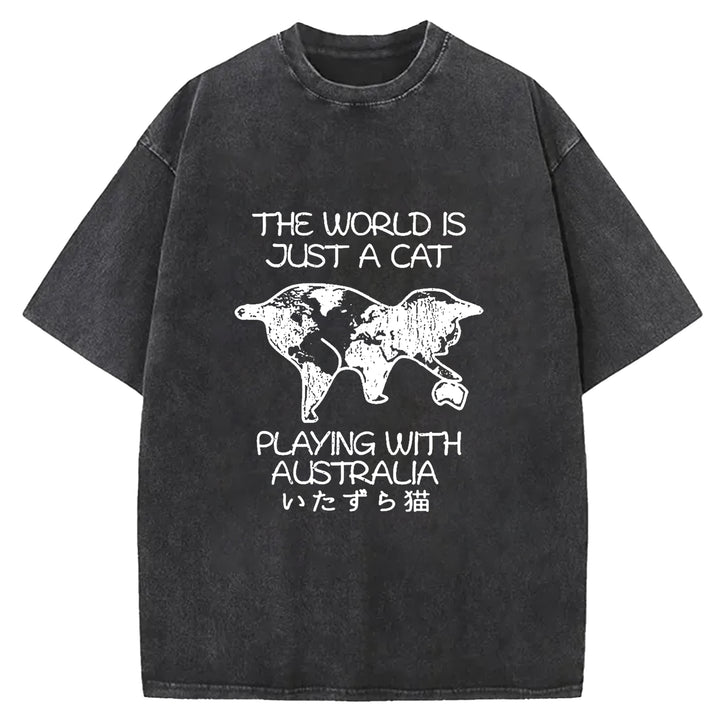 Funny World With Cat Japan Washed Crew Neck T-Shirt