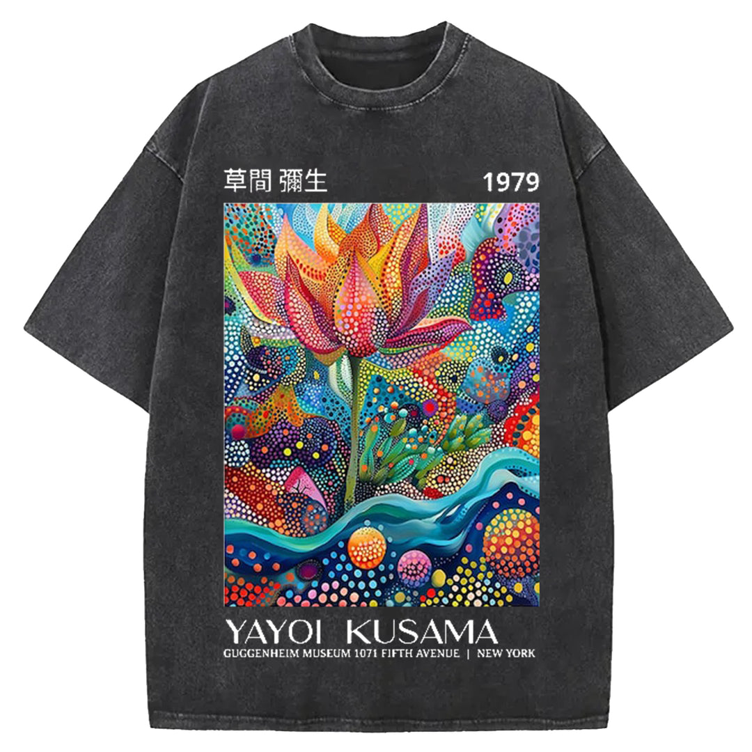 Yayoi Kusama Flower Vintage Design Washed Crew Neck T-Shirt