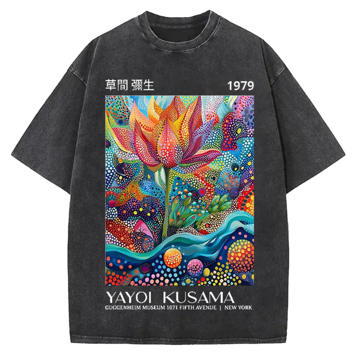 Yayoi Kusama Flower Vintage Design Washed Crew Neck T-Shirt