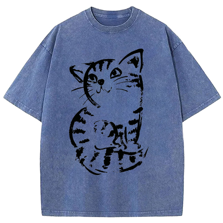 Funny Cat Washed Crew Neck T-shirt