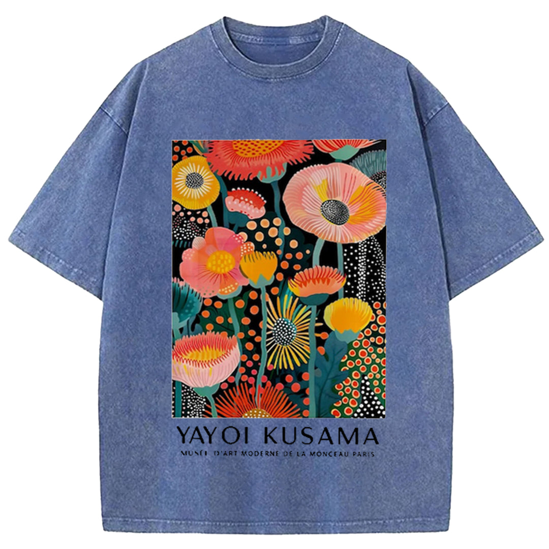 Yayoi Kusama Flower Vintage Design Washed Crew Neck T-Shirt